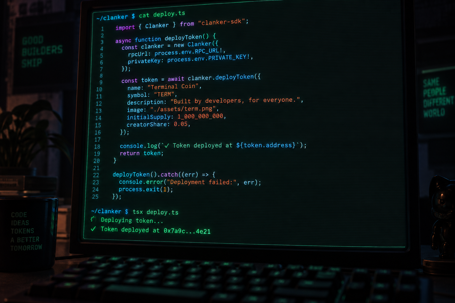 Terminal window showing a Clanker SDK token deployment